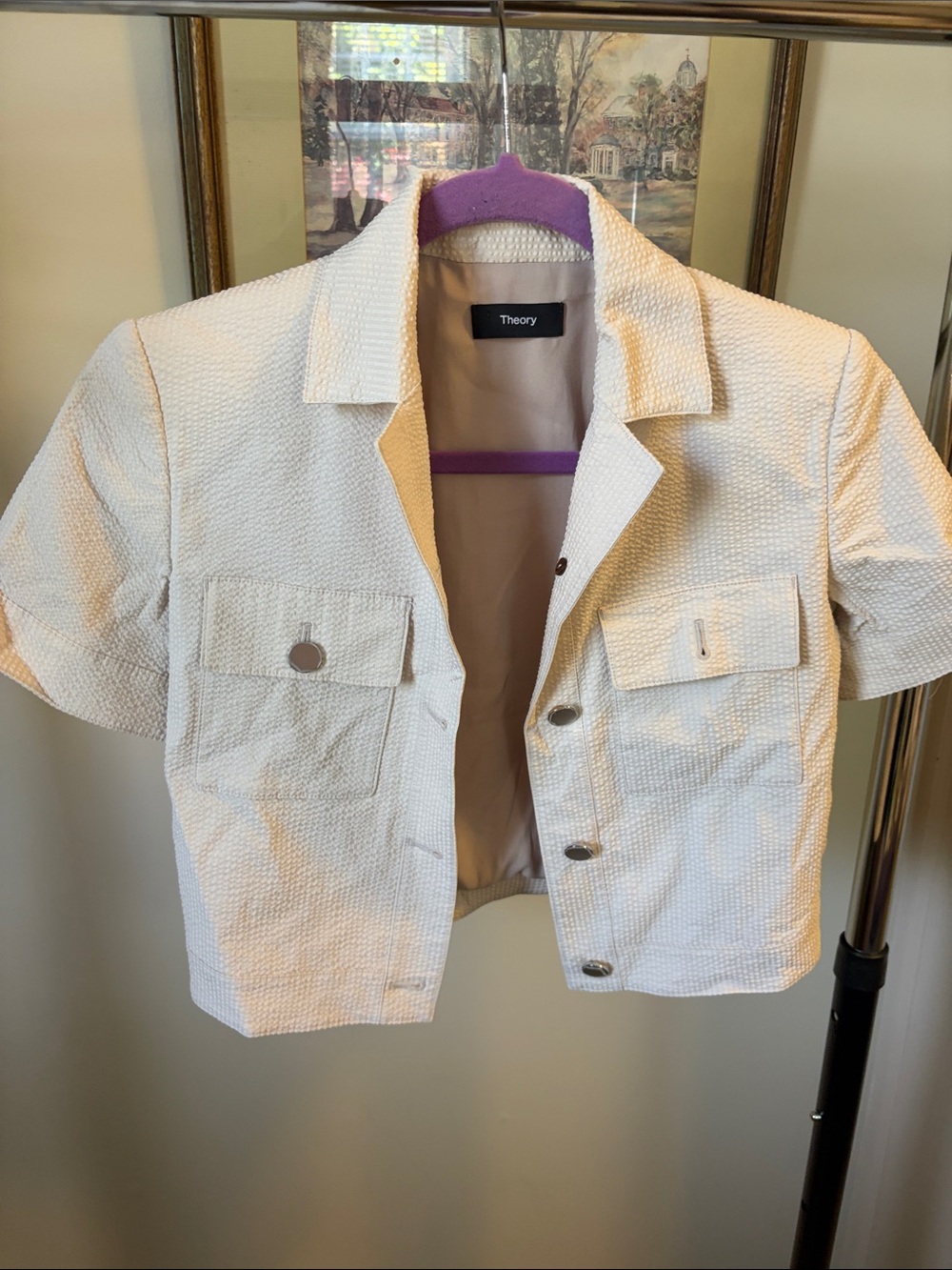 Theory Cream Short-Sleeve Textured Button-Front Jacket